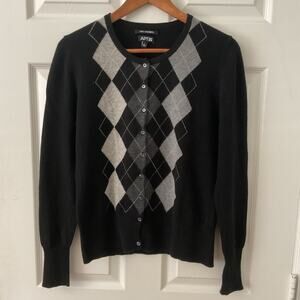 Apt. 9 Black Argyle Dark Academia 100% Cashmere Cardigan – Women's Size Large